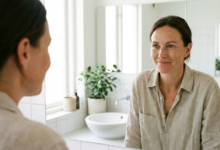 moteris stovi vonioje ir žiūri į veidrodį, šypsosi išsigydžiusi aknę