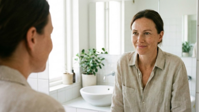 moteris stovi vonioje ir žiūri į veidrodį, šypsosi išsigydžiusi aknę