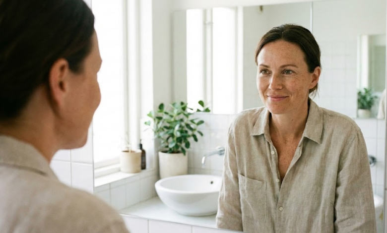 moteris stovi vonioje ir žiūri į veidrodį, šypsosi išsigydžiusi aknę