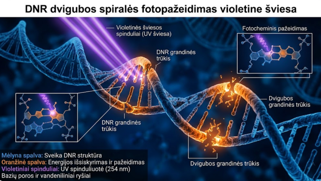 DNR dvigubos spiralės fotopažeidimo vizualizacija