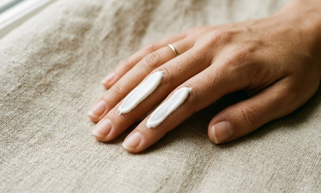 kremas nuo saulės užteptas ant moters pirštų