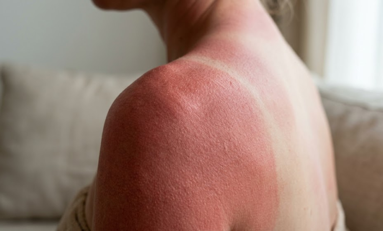 moters oda raudona, nudegusi saulėje