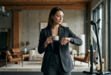 Elegantiška, moderni moteris stovi kokybiško, minimalistinio biuro fone arba boutique stiliaus sporto salėje, rankose laikydama išmanųjį laikrodį