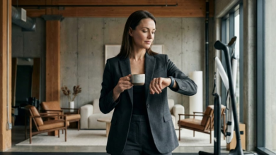 Elegantiška, moderni moteris stovi kokybiško, minimalistinio biuro fone arba boutique stiliaus sporto salėje, rankose laikydama išmanųjį laikrodį