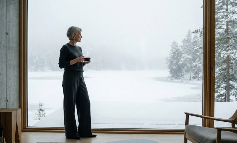 Elegantiška, savimi pasitikinti moteris stovi prie didelio lango su puodeliu garuojančios juodos kavos rankoje