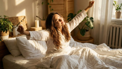 Estetiška, švytinti moteris, rąžanti šiltoje ryto saulės šviesoje baltuose pataluose