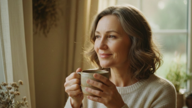 brandi moteris švelniame ryto saulės apšvietime, ji geria arbatą iš keraminio puodelio