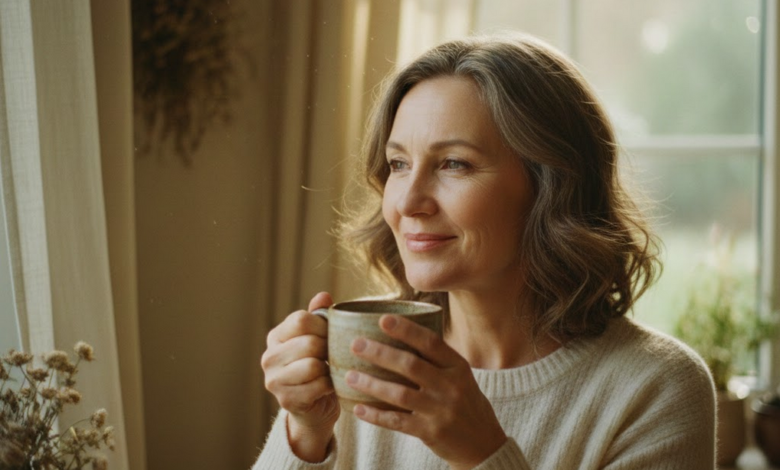 brandi moteris švelniame ryto saulės apšvietime, ji geria arbatą iš keraminio puodelio