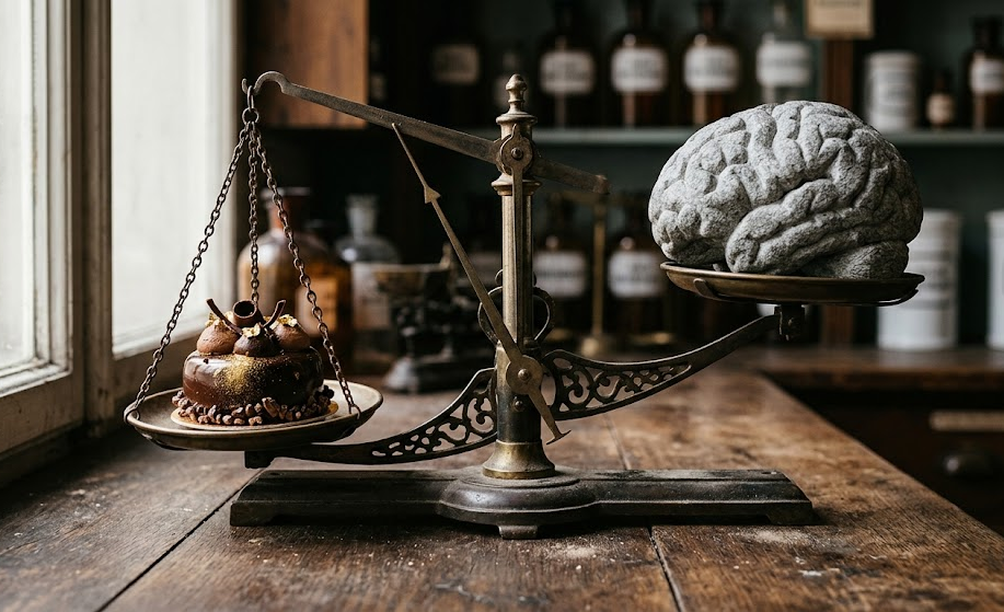 Ant vaistinės svarstyklių vienos pusės padėtas šokoladinis desertas su aukso dulkėmis. Ant kitos svarstyklių lėkštės – žmogaus smegenys, iškaltos iš akmens