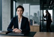 Elegantiška, savimi pasitikinti moteris verslo aplinkoje erdvėje, ramiai žiūrinti tiesiai į kamerą. Fone – neryškus, kiek chaotiškas kitos moters siluetas