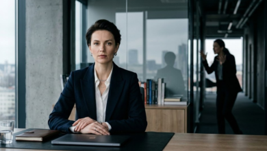 Elegantiška, savimi pasitikinti moteris verslo aplinkoje erdvėje, ramiai žiūrinti tiesiai į kamerą. Fone – neryškus, kiek chaotiškas kitos moters siluetas