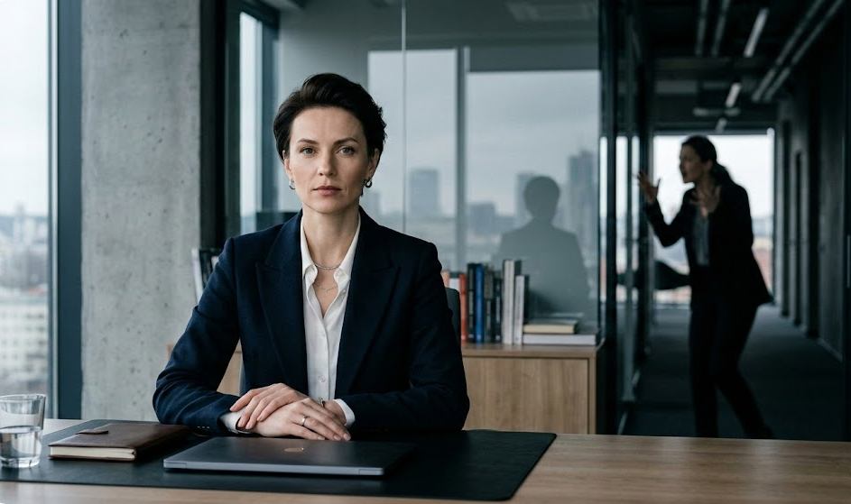Elegantiška, savimi pasitikinti moteris verslo aplinkoje erdvėje, ramiai žiūrinti tiesiai į kamerą. Fone – neryškus, kiek chaotiškas kitos moters siluetas