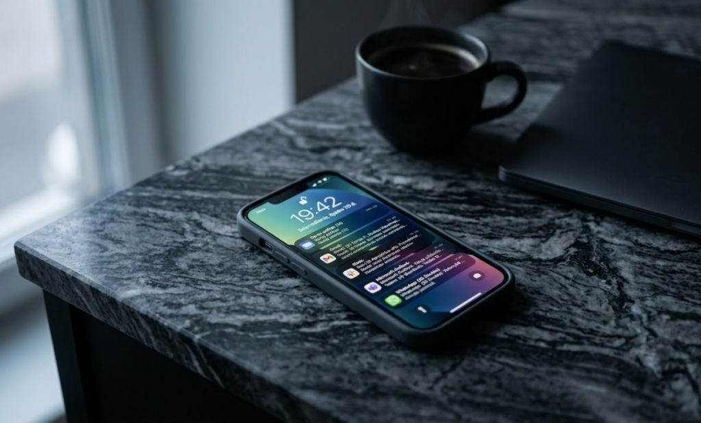 Išmanusis telefonas guli ant tamsaus marmurinio stalviršio, jo ekrane matosi daugybė neperskaitytų darbo elektroninių laiškų ir žinučių