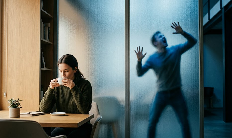 Storos, matinio stiklo sienos atskirtos dvi erdvės. Už stiklo matosi išsiliejęs, panikuojančio ar rėkiančio žmogaus siluetas. Šioje stiklo pusėje, fokuse – rami, susikaupusi moteris geria juodą kavą