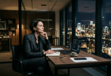 brandi moteris, vilkinti stilingą tamsų dalykinį kostiumėlį, sėdi prie minimalistinio stalo