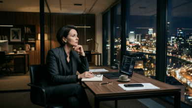 brandi moteris, vilkinti stilingą tamsų dalykinį kostiumėlį, sėdi prie minimalistinio stalo