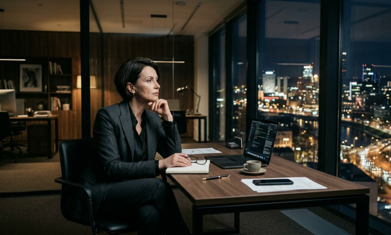 brandi moteris, vilkinti stilingą tamsų dalykinį kostiumėlį, sėdi prie minimalistinio stalo