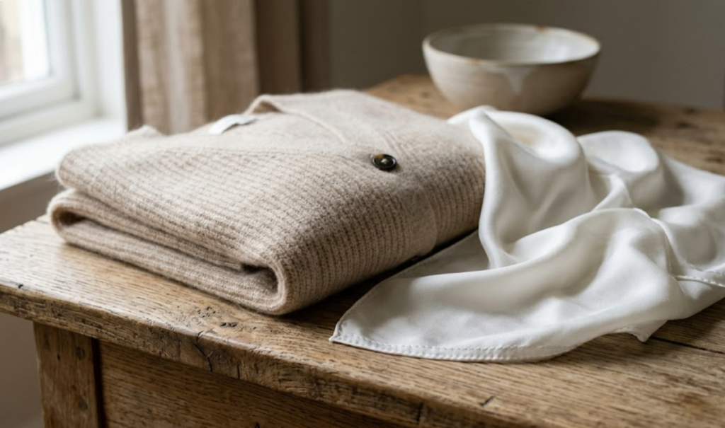 moteriški drabužiais padėti ant komodos krašto