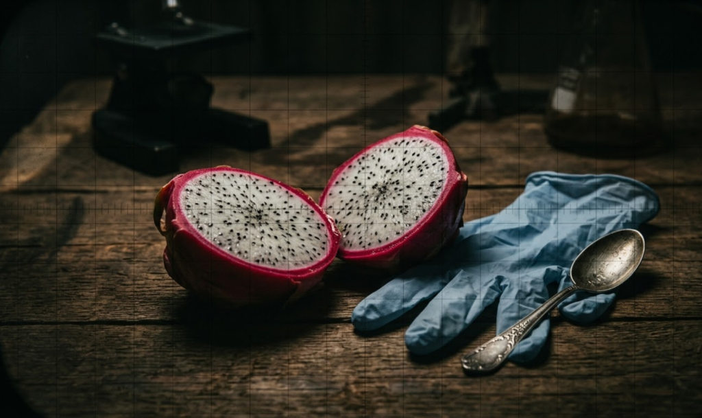 Ant medinio stalo padėtas perpjautas egzotiškas vaisius