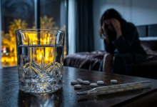 Ant viešbučio naktinio stalelio stovi tiklinė vandens, šalia stiklinės – kelios išbertos baltos tabletės ir gyvsidabrinis termometras.