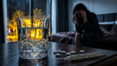 Ant viešbučio naktinio stalelio stovi tiklinė vandens, šalia stiklinės – kelios išbertos baltos tabletės ir gyvsidabrinis termometras.