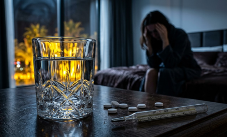 Ant viešbučio naktinio stalelio stovi tiklinė vandens, šalia stiklinės – kelios išbertos baltos tabletės ir gyvsidabrinis termometras.