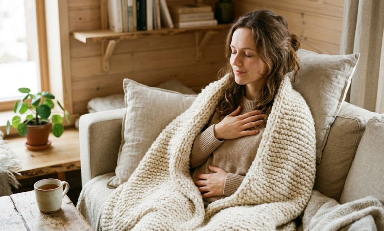 Moteris jaukiai susisupusi į minkštą, stambaus mezgimo pledą, užmerktomis akimis ir lengvai priglaudusi ranką prie krūtinės ar pilvo