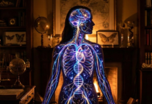 Moters siluetas, kurio viduje matosi švytinčios linijos