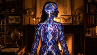 Moters siluetas, kurio viduje matosi švytinčios linijos