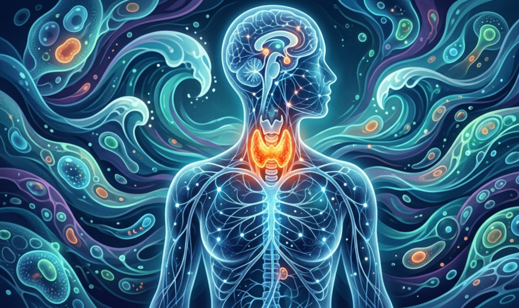 iliustracija, vaizduojanti žmogaus endokrininę sistemą kaip švytintį, trapų tinklą