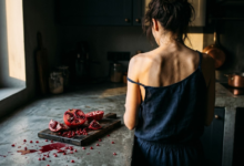Moteris stovi prie pilko virtuvės stalviršio, ant kurio guli netvarkingai perpjautas ryškiai raudonas granatas
