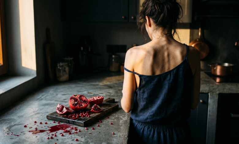 Moteris stovi prie pilko virtuvės stalviršio, ant kurio guli netvarkingai perpjautas ryškiai raudonas granatas