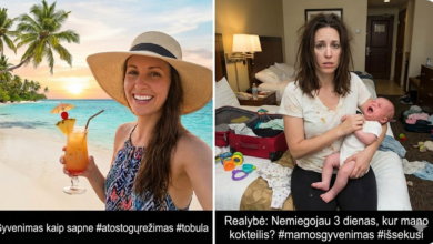 Vienoje pusėje – „tobula“ Instagram stiliaus nuotrauka (moteris su kokteiliu paplūdimyje), kitoje – realybė