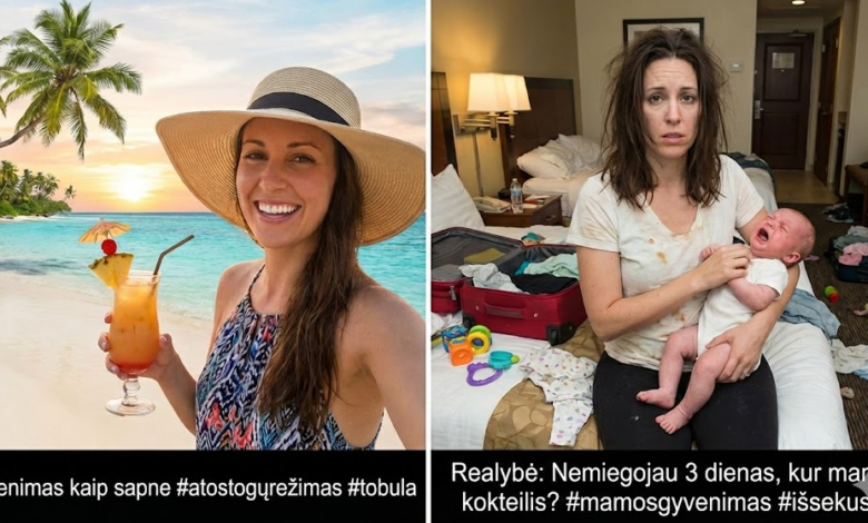 Vienoje pusėje – „tobula“ Instagram stiliaus nuotrauka (moteris su kokteiliu paplūdimyje), kitoje – realybė