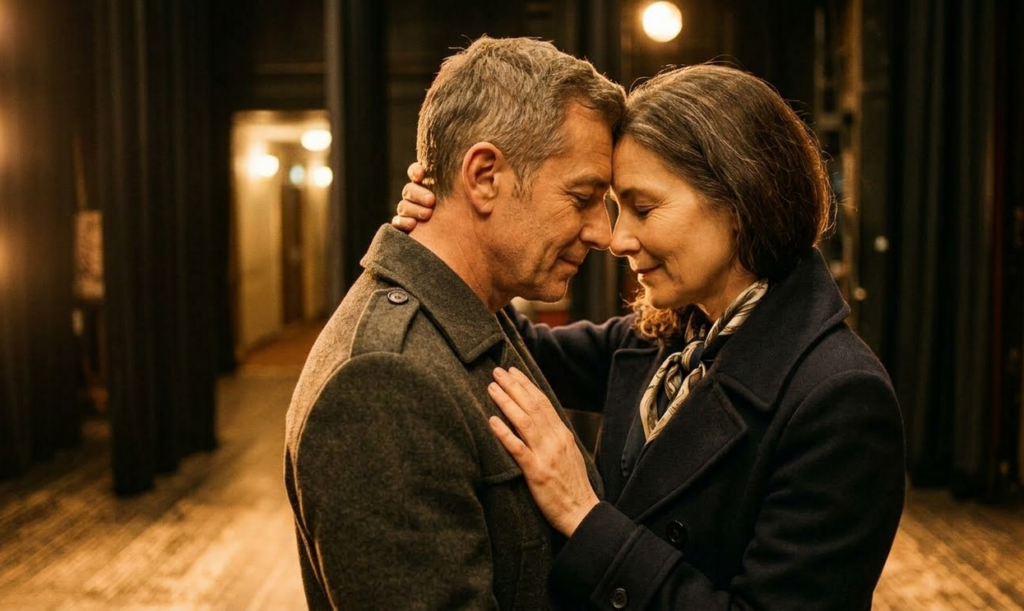 Vyras ir moteris stovi tamsioje, jaukioje aplinkoje