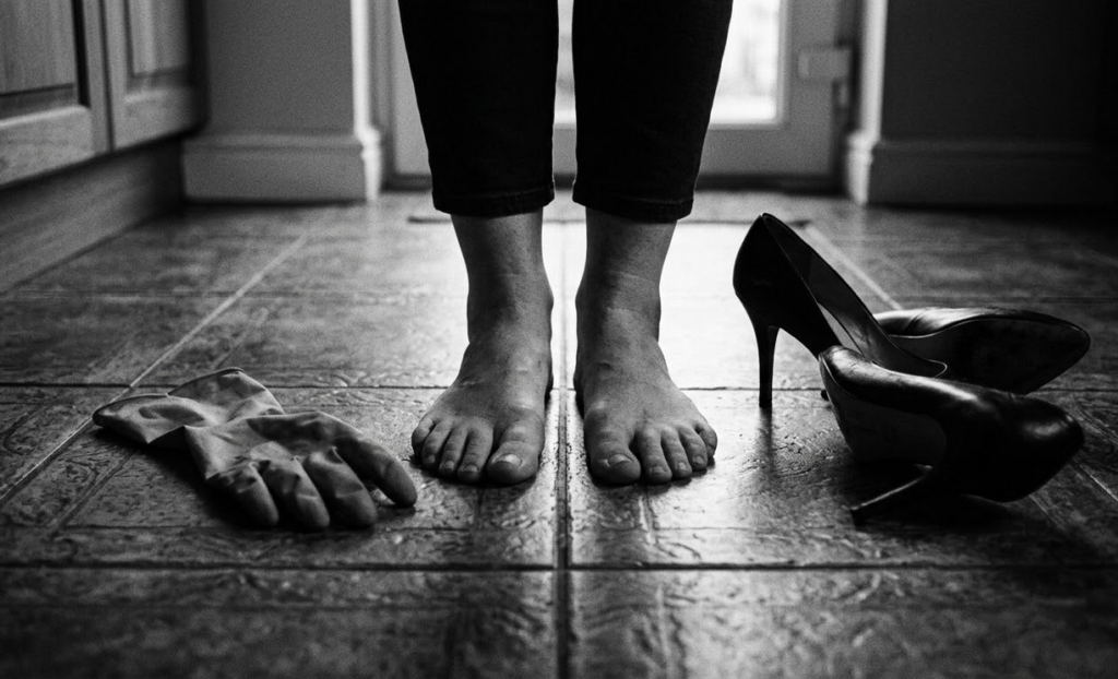 moters pėdos stovi basos ant vėsių grindų plytelių