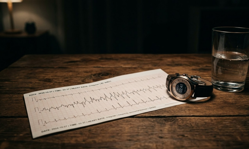 EKG (elektrokardiogramos) juosta su akivaizdžiai netolygiu ritmu