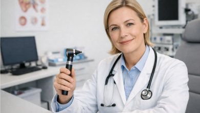 Gydytoja laringologė moderniame kabinete su otoskopu