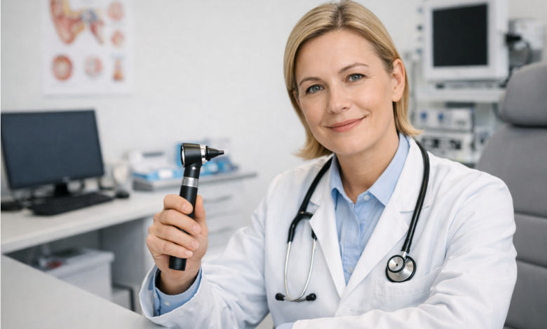 Gydytoja laringologė moderniame kabinete su otoskopu