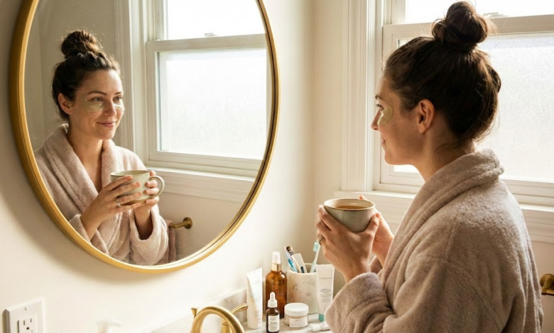 Moteris su chalatu, laikanti rankoje puodelį arbatos ir žiūrinti į veidrodį