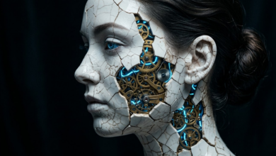 moters veidą profiliu, kuris atrodo tarsi pagamintas iš trapaus, skilinėjančio balto porceliano