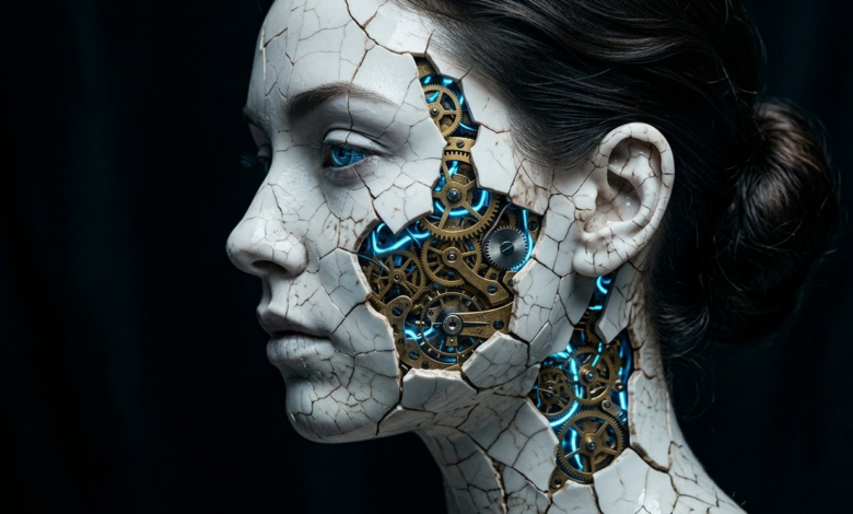 moters veidą profiliu, kuris atrodo tarsi pagamintas iš trapaus, skilinėjančio balto porceliano