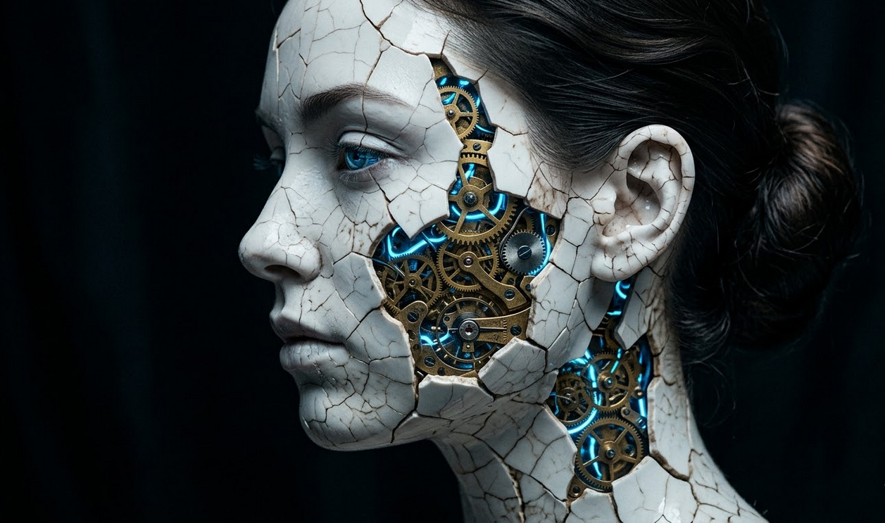 moters veidą profiliu, kuris atrodo tarsi pagamintas iš trapaus, skilinėjančio balto porceliano