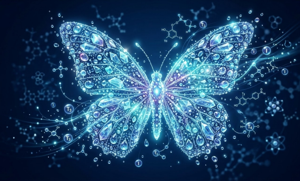 Abstrakti  iliustracija, vaizduojanti skydliaukės formos drugelį, sudarytą iš švytinčių vandens lašelių