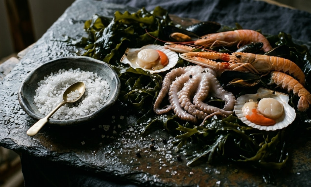 ant tamsaus akmens paviršiaus- šviežios jūrų gėrybės