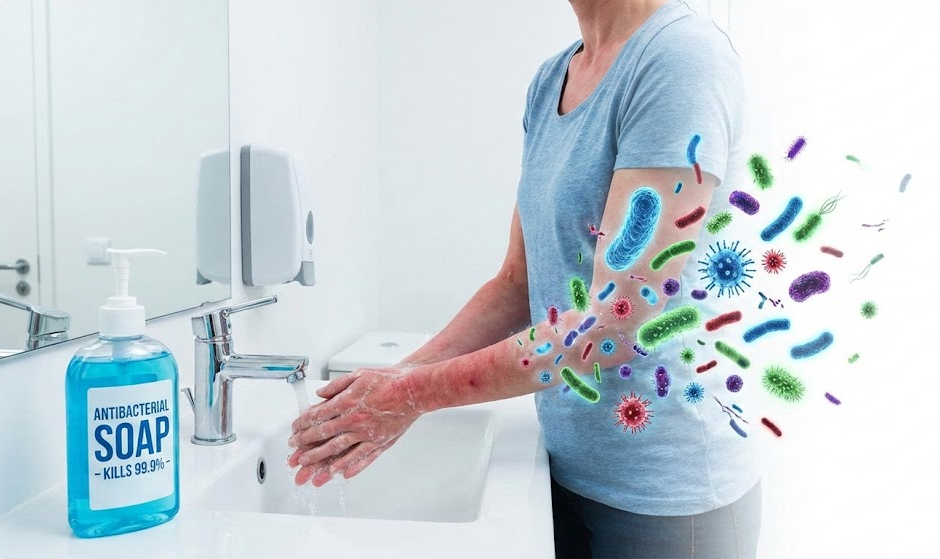 moteris plauna rankas antibakteriniu muilu