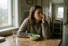 nusiminusi moteris sėdi prie stalo, ruošiasi valgyti dietines salotas