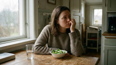 nusiminusi moteris sėdi prie stalo, ruošiasi valgyti dietines salotas