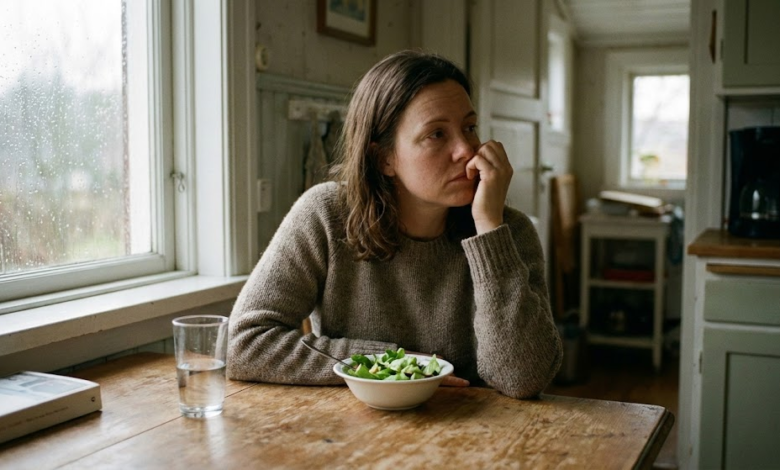 nusiminusi moteris sėdi prie stalo, ruošiasi valgyti dietines salotas