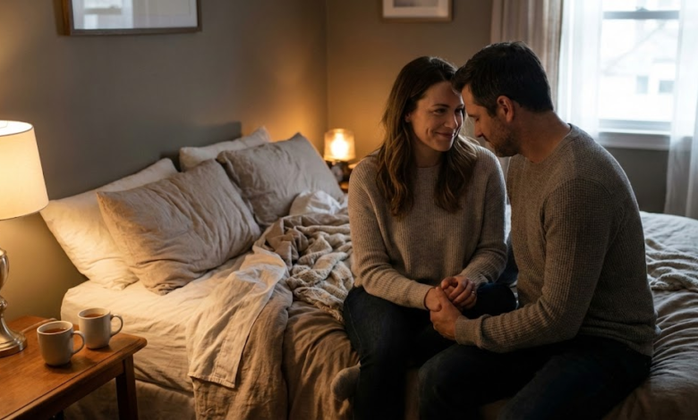 pora sėdi jaukiai ant lovos miegamajame